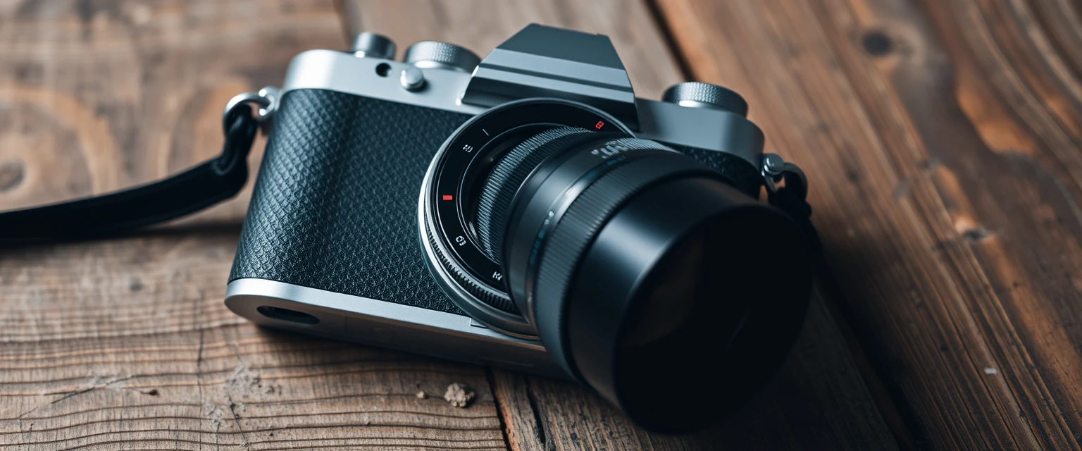 Modern camera on wooden surface