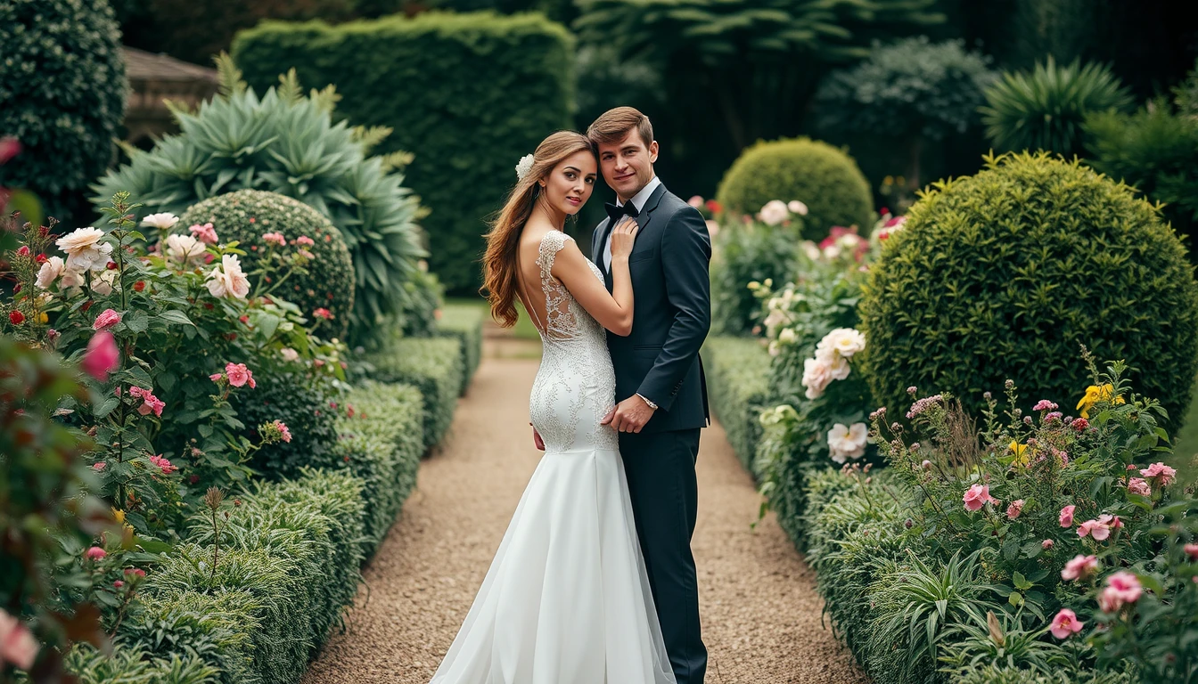 Wedding photography, elegant couple in garden